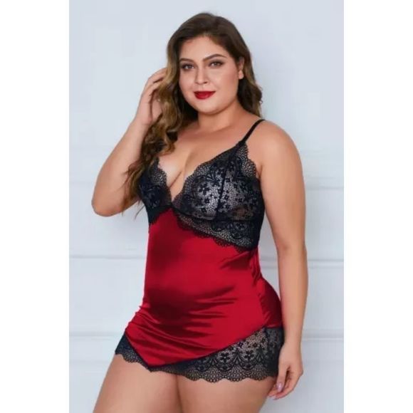 Lingerie Plus Size Sexy Lace Satin Slip With Thong Panty Plus Size Red NEW - Picture 3 of 14